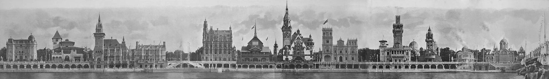 Panorama of foreign pavilions at the 1900 Paris World Fair