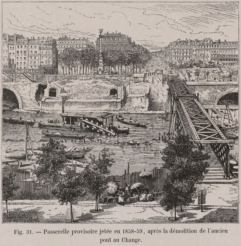 Passerelle provisoire jetee en 1858 59 apres la demolition de lancien Pont au change